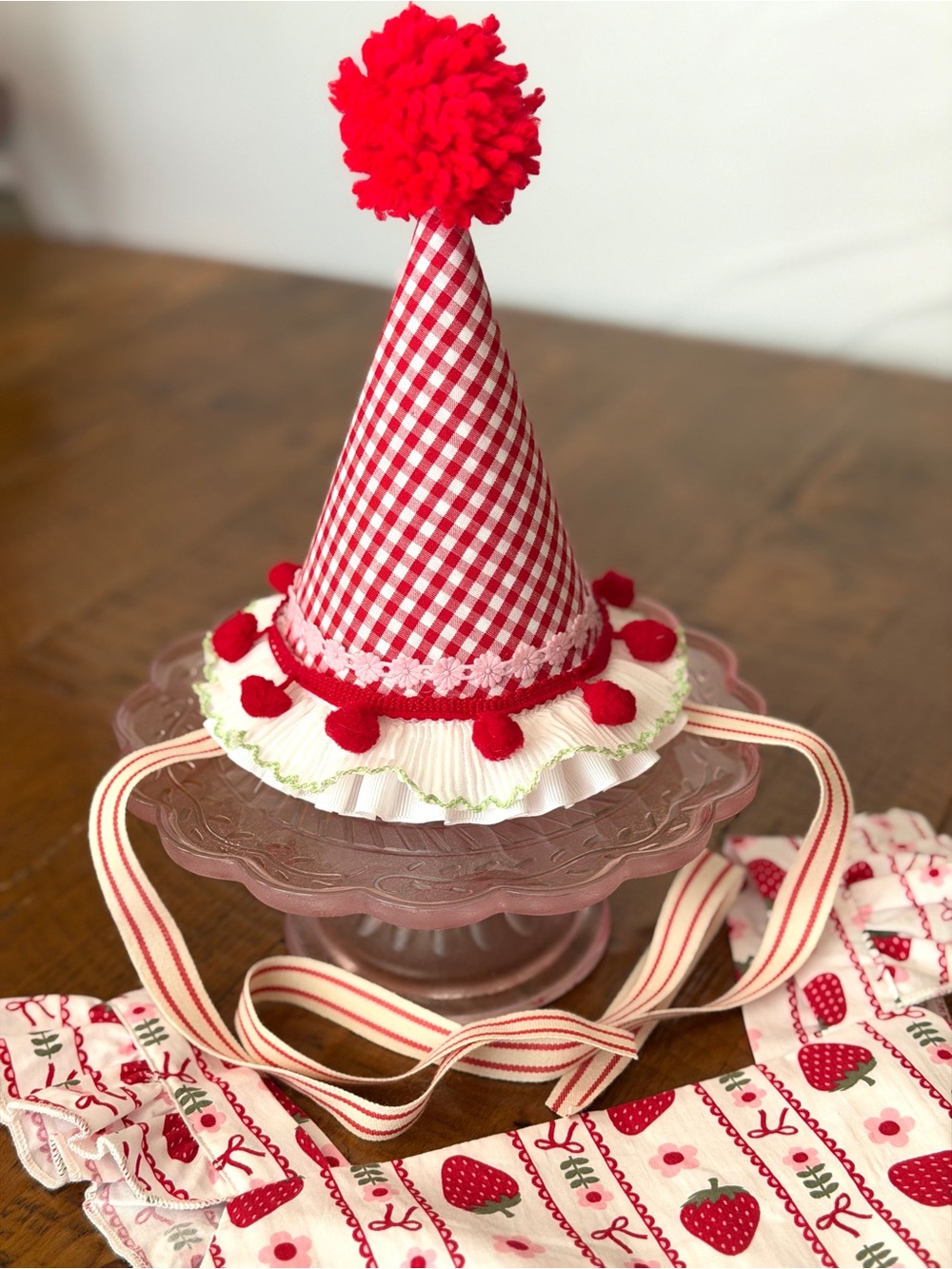 Birthday Party Dress/Sundress with Red Strawberry Print and birthday hat - Picture 3 of 16